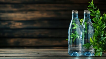 Two sparkling bottles of water placed against a rustic backdrop, surrounded by fresh green leaves, conveying a theme of hydration, nature, and eco-friendly living with style.