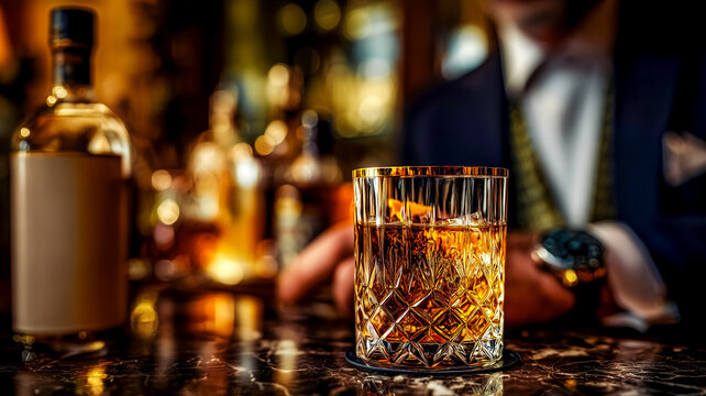 Close up crystal glass with single malt whiskey marble bar counter and bottle whiskey, blurred background of gentleman behind bar, 1920s aesthetic, selective focus glass and copy space concept whiskey