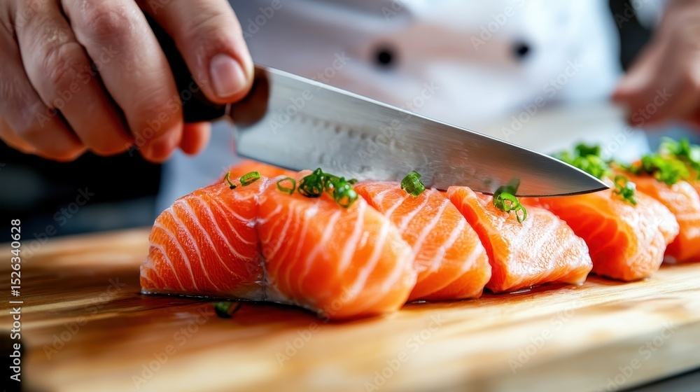 Aufkleber this dynamic image features a skilled chef expertly slicing fresh salmon fillets with a sharp knife,