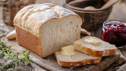 A loaf of white bread with a soft, airy texture, placed on a wooden table with a few slices spread with butter and jam