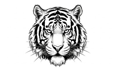 Fototapeta premium Tiger Head Black and White Graphic Illustration | Detailed Animal Portrait for Tattoo Design, Logo, and Print