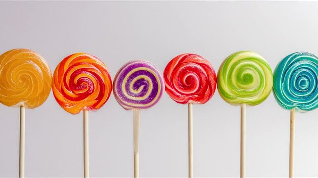 Six colorful swirl lollipops arranged in a row.