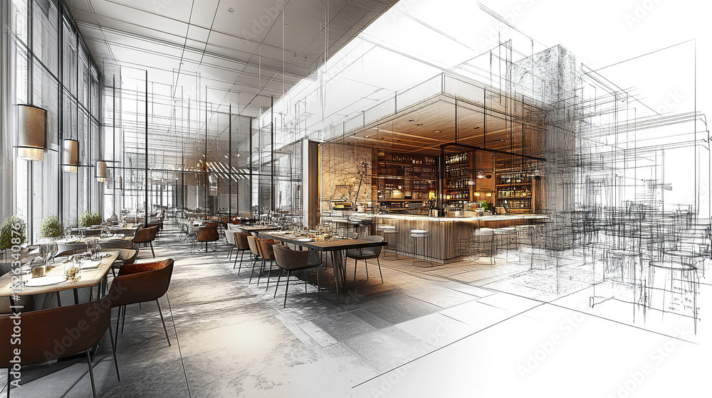 Poster modern dining interior design featuring blend of sketch and realistic elements, creating unique
