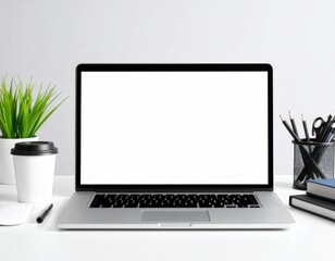 Minimalist workspace featuring laptop coffee cup plant and stationery on white desk