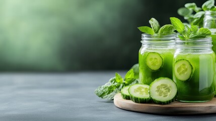 A refreshing display of cucumber-infused drinks garnished with fresh mint leaves, presented in glass jars, perfect for hot summer days and healthy hydration.