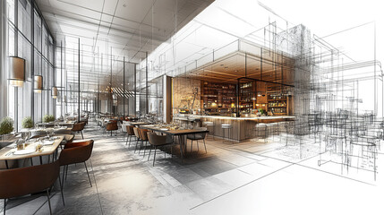 modern dining interior design featuring blend of sketch and realistic elements, creating unique