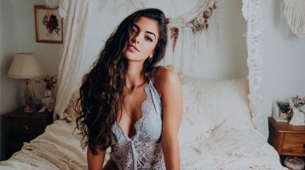 Fototapeta premium Beautiful young woman with long brown hair posing sensually on a bed in a romantic, decorated bedroom, creating a scene of intimacy and allure