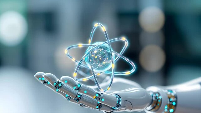A robotic hand delicately holds a glowing atom model, symbolizing the fusion of technology and science.