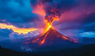 Fototapeta premium dramatic volcanic eruption where glowing lava flows toward a jungle and the sky is filled with ash and fire, Generative AI