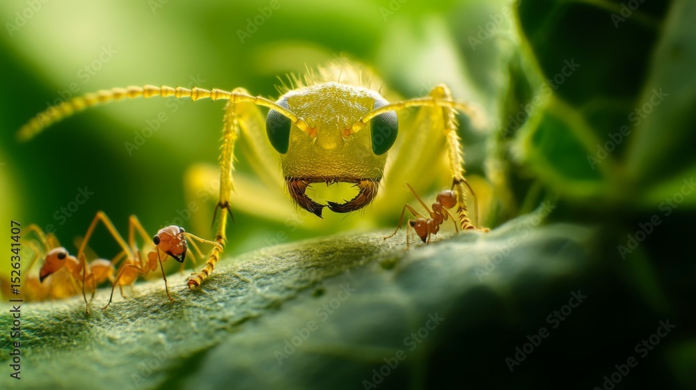Poster a macro shot of an insect chewing on a leaf, with ants crawling around it in a dynamic, busy scene i