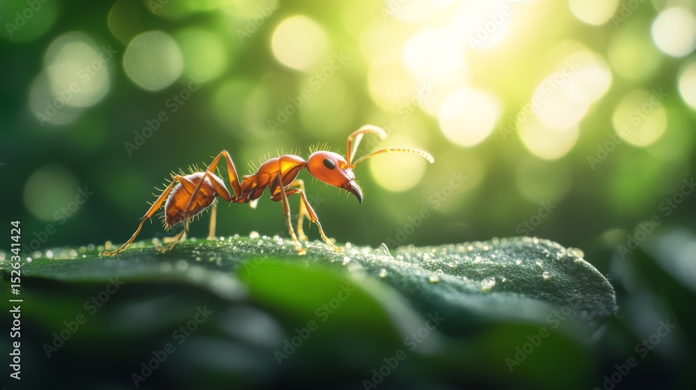 Poster a macro shot of a tiny ant nibbling on a leaf under sunlight, with a blurred forest floor in the bac