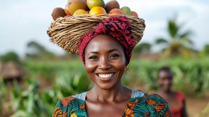 A vibrant woman smiles while balancing a basket of fresh fruits on her head, showcasing strength, joy, and cultural richness amidst a lush green farming landscape.
