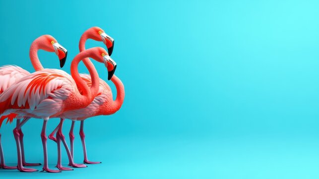 A stunning display of three elegant flamingos gracefully standing against a vibrant blue background, highlighting their beauty and poise in a captivating artistic composition.