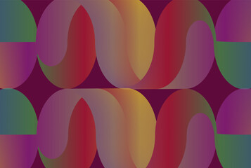 Colorful curved geometric patterns with gradations of red, yellow, purple and green on a dark purple background, forming a symmetrical and rhythmic composition