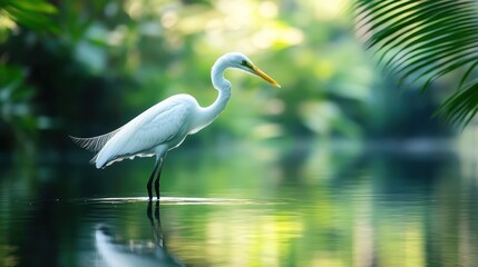 Naklejka premium A beautiful great egret standing gracefully in serene waters, surrounded by lush greenery, capturing the essence of tranquility and vibrant nature during sunrise.