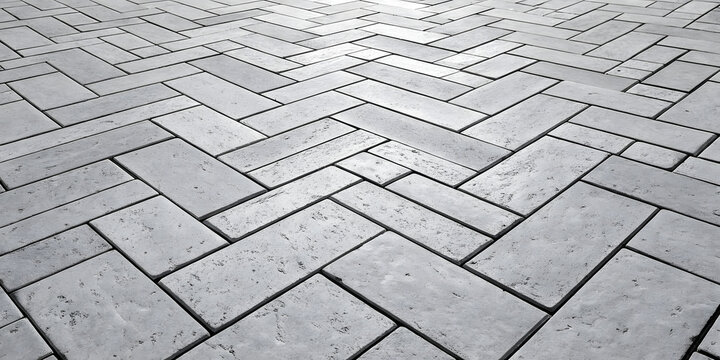 Gray concrete paver stones arranged in herringbone pattern creating geometric ground surface with natural weathered texture appearance.