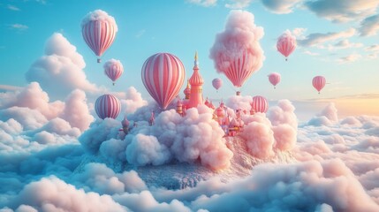 whimsical floating island carnival with cotton candy clouds and hot air balloons drifting lazily above, Generative AI