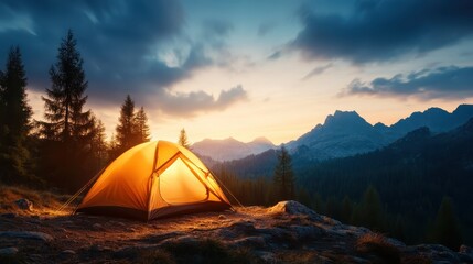 A vibrant orange tent illuminated by the sunset, surrounded by majestic mountains and pine trees, creating a calm and inviting atmosphere for outdoor enthusiasts.