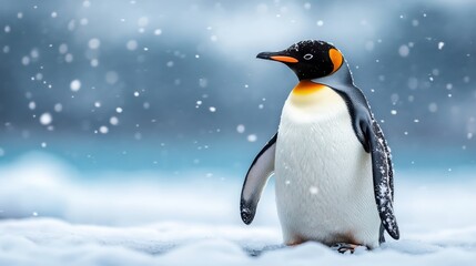 Obraz premium An enchanting close-up of a penguin standing amidst a snow-filled environment, showcasing the beauty of winter wildlife in a serene and tranquil setting.