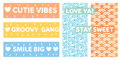 Positive and cute graphic elements with text and pattern designs in bright colors expressing joy and encouragement.