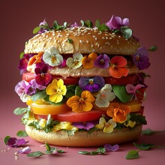 Gourmet vegetarian burger stacked with edible flowers, leafy greens, and tomatoes on a pink background Generative AI
