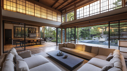Fototapeta premium serene contemporary living room with large windows, showcasing beautiful garden view