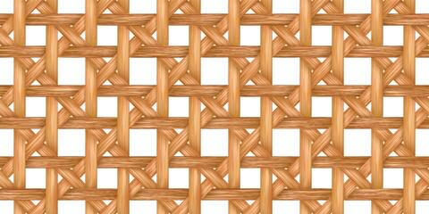 Brown rattan basket or furniture seamless bg. Fabric weave pattern with texture. Handicraft raffia lattice. Textile mesh. Ethnic handmade decor. Vector illustration with gradient mesh