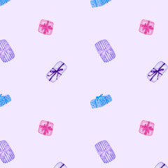 Watercolor seamless pattern of lilac and pink gift boxes