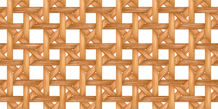 Brown rattan basket or furniture seamless bg. Fabric weave pattern with texture. Handicraft raffia lattice. Textile mesh. Ethnic handmade decor. Vector illustration with gradient mesh