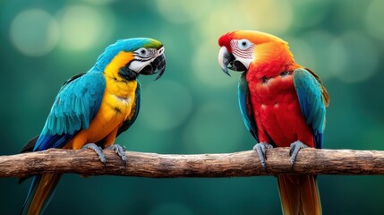 Two vibrant macaws with striking feathers are perched on a branch, showcasing their beauty and the rich colors of nature, an emblem of wildlife's splendor.
