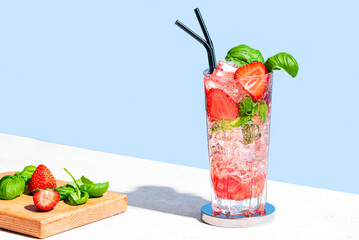 Strawberry and basil Mojito cocktail drink