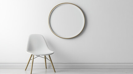 Minimalist design with white chair and circular frame on white wall