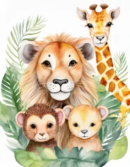 Selbstklebende Fototapeten Generated Image of A baby lion, monkey, and giraffe peek through lush pastel jungle leaves, smiling sweetly. Soft greens, gentle yellows, and blush tones give the scene a calm, playful vibe.  © Photoenthusiast82