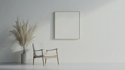 minimalist living space featuring blank picture frame white wall, with stylish chair