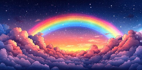 Fantasy night sky with glowing rainbow arch and colorful clouds over a dreamy starlit horizon Generative AI