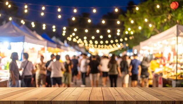 Blurred Background of Night Market with Festive Lights and People