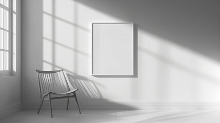 minimalist room with blank frame and chair, creating serene atmosphere