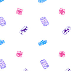 Watercolor seamless pattern of lilac and pink gift boxes