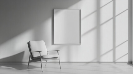 minimalist interior featuring modern chair and blank frame white wall, creating serene