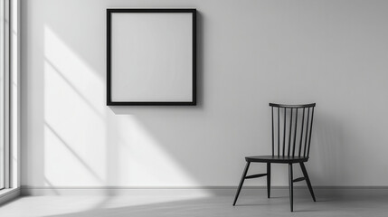 Minimalist interior with blank frame and chair, creating serene atmosphere