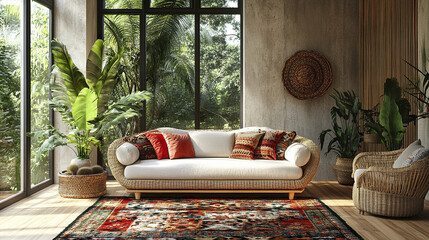 cozy living room featuring stylish sofa, vibrant cushions, and lush greenery