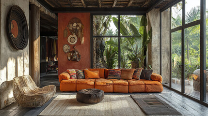 cozy boho living room featuring vibrant orange sofa, natural textures, and lush greenery