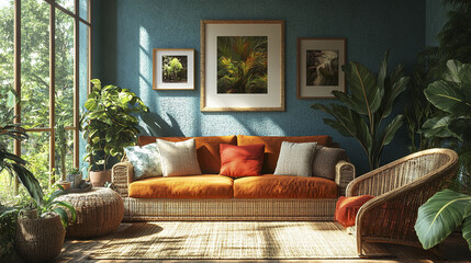 cozy living room featuring stylish sofa, vibrant plants, and natural light