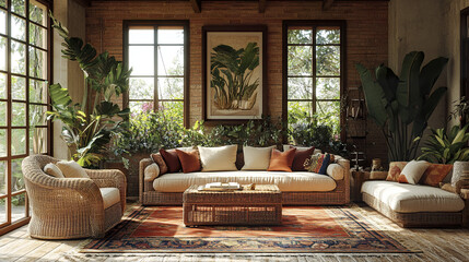 cozy boho living room featuring rattan sofa, plants, and natural light