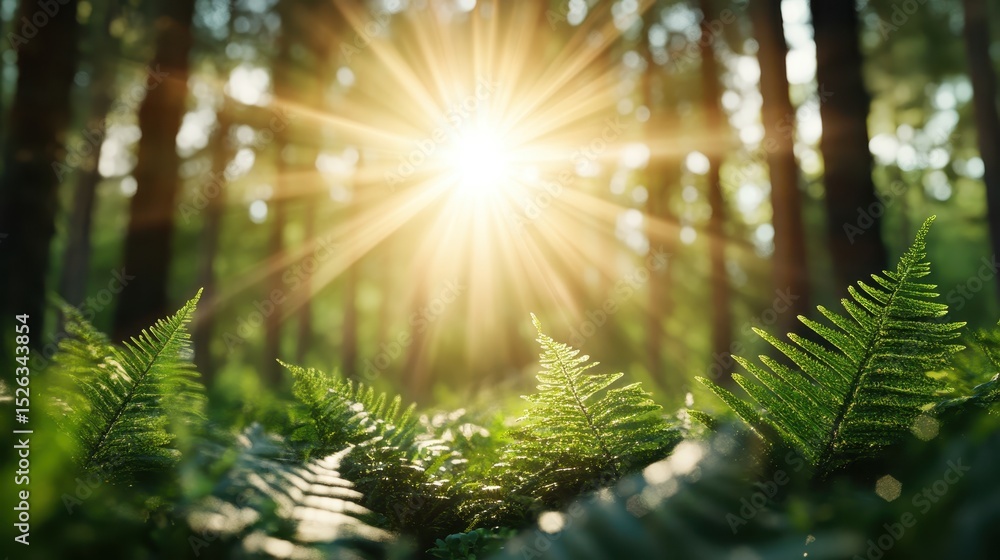 Poster a serene forest scene with sun rays filtering through trees, illuminating lush green ferns, creating