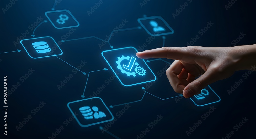 Poster hand presses a digital button on a futuristic touchscreen interface, connecting business and technol