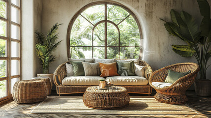 cozy boho living room featuring rattan sofa, decorative cushions, and lush greenery