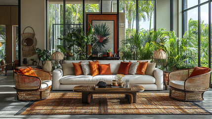 stylish living room featuring cozy sofa with orange cushions, surrounded by lush greenery
