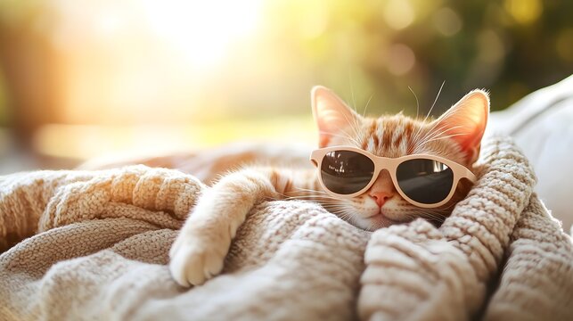 Stylish cat relaxing in the sun while donning a pair of chic sunglasses and exuding cool vibes