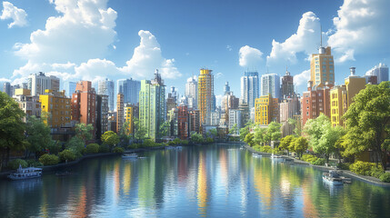 vibrant cityscape with colorful buildings reflecting on serene river under bright sky